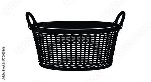A black woven basket with two handles shown as a simple silhouette against a white background