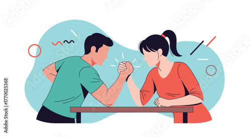 A man and a woman engage in an intense arm-wrestling match at a table, symbolizing competition, strength, and equality.