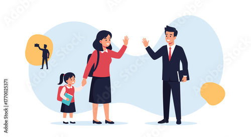 A mother and her young daughter, dressed for school, wave to a professional man in a suit, while a distant figure captures a photo.