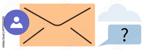 Envelope, user profile icon, speech bubble with question mark, and cloud icon. Ideal for communication, email, inquiry, support technology cloud services and information sharing. Simple flat