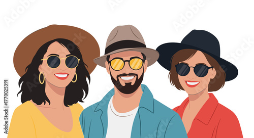 Group portrait of three smiling friends wearing hats and sunglasses, ready for a fun summer or vacation trip.