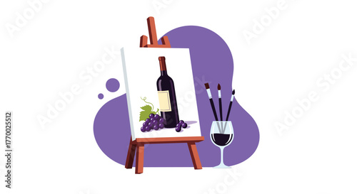An illustration depicting a paint and sip event with an easel showing a wine bottle painting, paint brushes in a wine glass, and grapes.