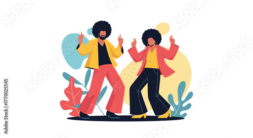 Two diverse individuals with afro hairstyles in retro 70s outfits are joyfully dancing, celebrating disco culture with vibrant background shapes.