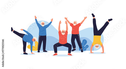 Elderly men stay active and healthy by engaging in various fitness exercises, promoting a strong and vital senior lifestyle.