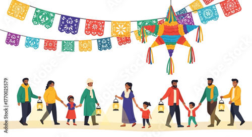Families walk with lanterns under vibrant decorations evoking a festive ambiance