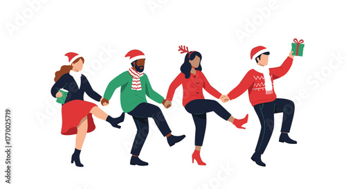 Four diverse people dressed in festive Christmas attire, including Santa hats and holiday sweaters, holding hands and dancing joyfully together.