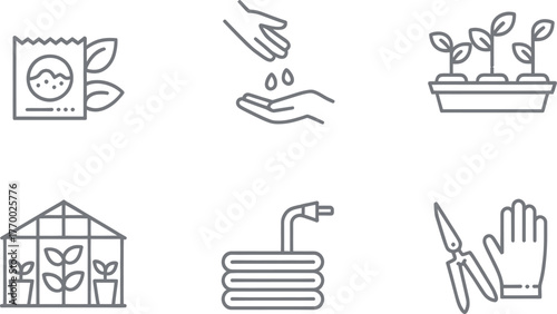 Minimalist line art icons for gardening seed starting greenhouse planting and tools set vector