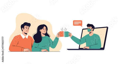 A couple shares a virtual coffee break with a friend or colleague on a laptop, emphasizing remote connection and communication during social distancing.