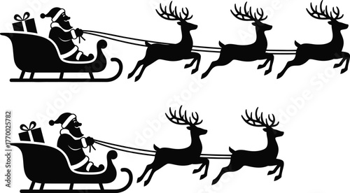 A minimalist black vector silhouette of Santa's sleigh ride, a classic Christmas graphic design element for festive holiday projects