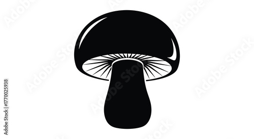 A bold black silhouette of a classic mushroom with gills on its underside on a white background