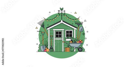 A cozy green garden shed stands with gardening tools, a wheelbarrow full of harvest, and decorative lights, illustrating a bountiful season.