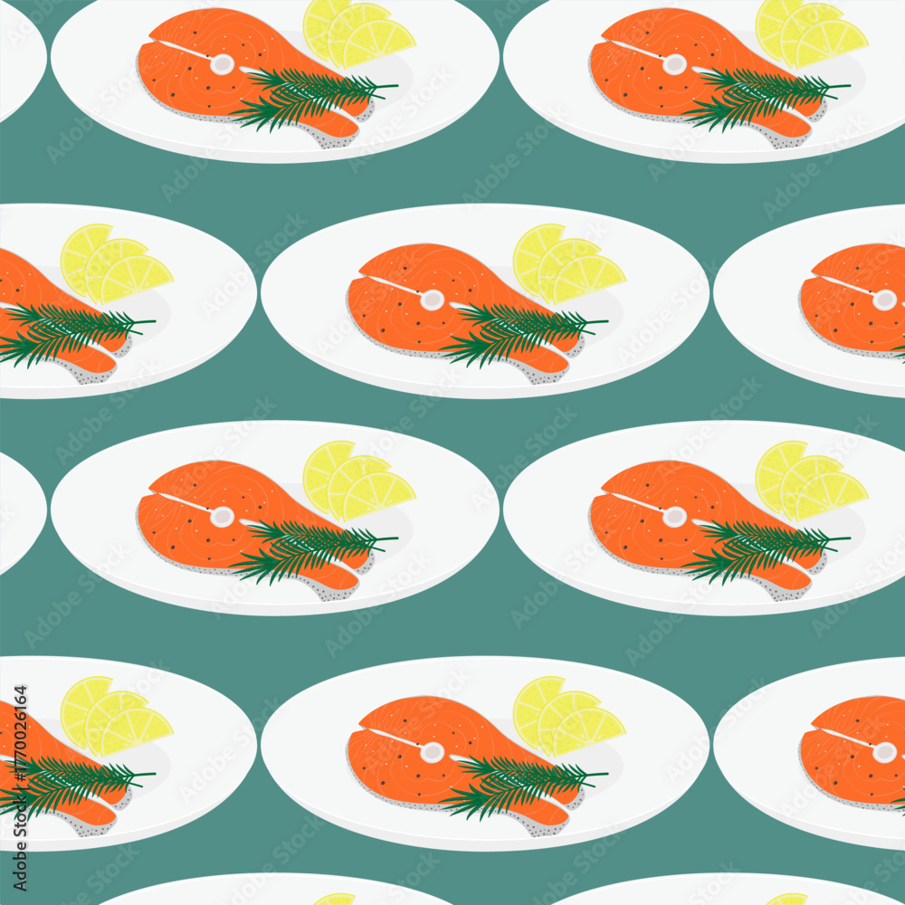 Naklejka premium Salmon steak with lemon slices and Rosemary Twigs on white Plate Seamless Pattern Healthy Food Fond