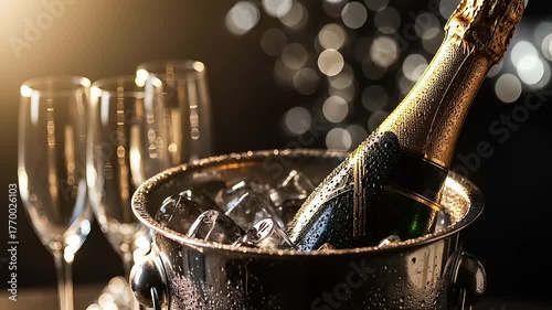 Elegant champagne bottle chilling in an ice bucket with two sparkling flutes, set against a festive bokeh background, perfect for New Year's Eve, anniversaries, or special celebrations