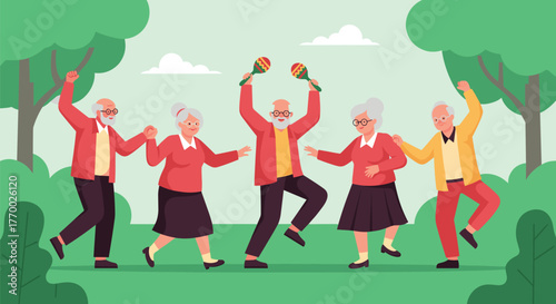 A group of cheerful senior citizens enjoys an active dance session outdoors in a vibrant green park, celebrating life and movement together.