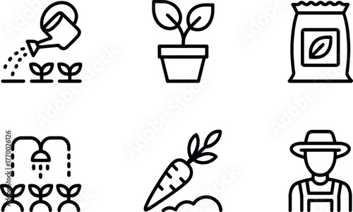 Set of six minimalist line art icons representing gardening farming and agriculture concepts vector