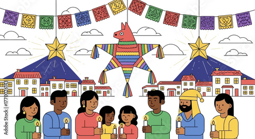 Festive image with diverse people holding candles under stars piñata flags and houses