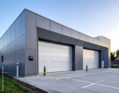 Modern Gray Industrial Building with White Roll Up Doors