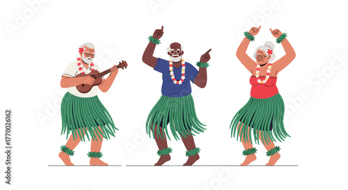 Elderly friends in Hawaiian hula attire celebrate together with music and dancing, showcasing joyful active aging.