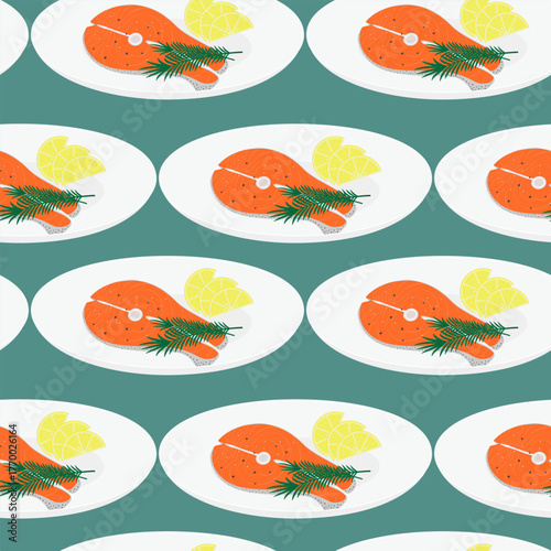 Salmon steak with lemon slices and Rosemary Twigs on white Plate Seamless Pattern Healthy Food Fond