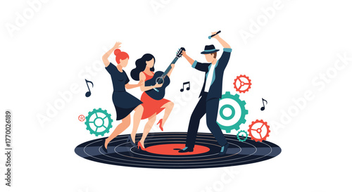An energetic musical trio dances and performs on a large vinyl record, surrounded by floating musical notes and decorative gears.