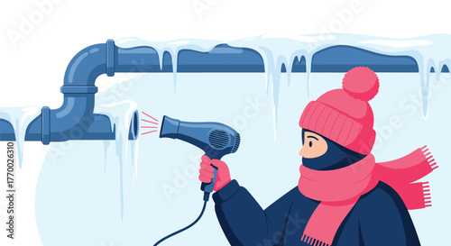 A person in warm winter clothing uses a hairdryer to thaw a frozen water pipe, which is covered in ice and icicles from severe cold.