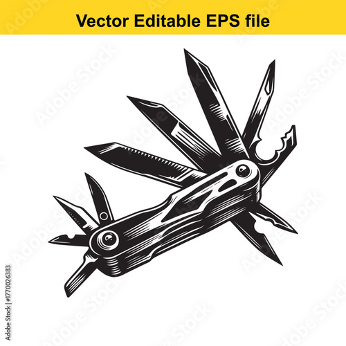 Open multi tool knife with various blades and tools extended