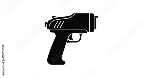 A black silhouette of a handheld infrared thermometer gun with a trigger and display isolated on a white background silhouette