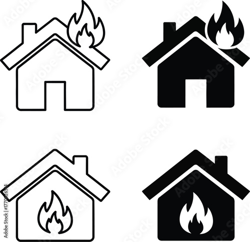 fire house1.eps"House on Fire Icon Set – Burning Home Safety Alert Vector Illustration"