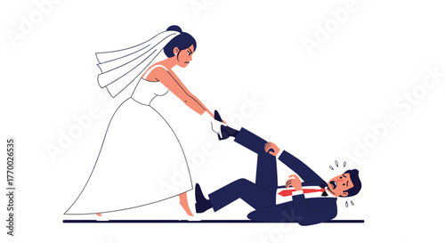 A frustrated bride forcefully pulls her groom along the ground as he resists, seemingly unwilling to proceed with their marriage.