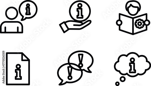 Set of six minimalist line art icons representing information help and support services vector