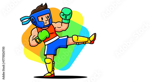 A cartoon martial artist in protective headgear and gloves performs a high kick against a colorful background.