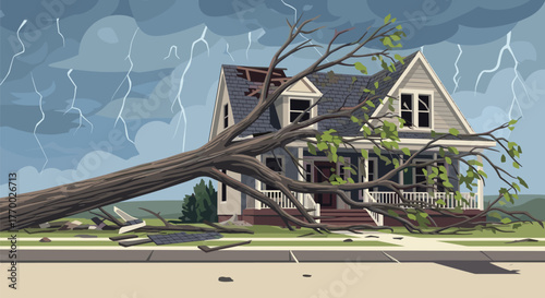 A residential home suffers severe damage from a powerful storm, with a large tree fallen on its roof, broken windows, and lightning in the sky.