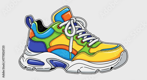 A single, brightly colored chunky sneaker with a thick white sole, illustrated in a bold, cartoonish style.