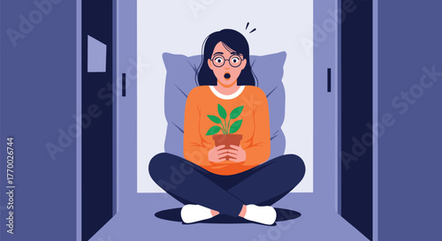 A surprised young woman sits cross-legged on the floor, holding a small potted plant in a dimly lit room, conveying shock or deep thought.