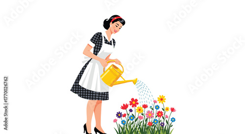 A cheerful woman in a retro-style dress and apron smiles as she waters a vibrant garden of blooming flowers with a yellow watering can.
