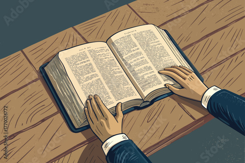 Close-up, hands gently opening a worn leather bible, pages illuminated on rustic wooden table, faith, spirituality, wisdom, hope, grace.