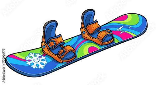 A colorful cartoon snowboard with blue and orange bindings, featuring a vibrant wavy design and a smiling snowflake.