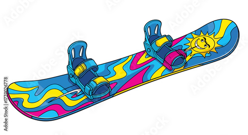 A brightly colored cartoon snowboard with a groovy wavy pattern, blue bindings, and a smiling sun graphic.