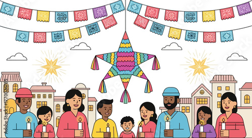 Festive scene A community of diverse people holding candles under a piñata and colorful banners set against a cityscape with stars