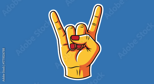A cartoon illustration of a hand with red fingernails making the rock and roll horns sign against a solid blue background.