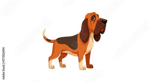 A charming cartoon Bloodhound dog with long droopy ears and a sad expression standing in profile.