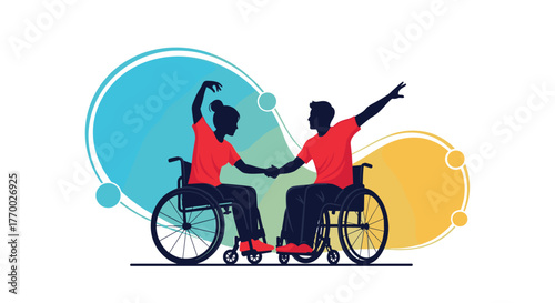 Dynamic silhouettes of a couple in wheelchairs engaged in a joyful dance, symbolizing disability inclusion and togetherness.