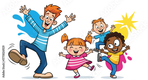 A diverse group of an adult and three children happily dancing and jumping with colorful background splashes.