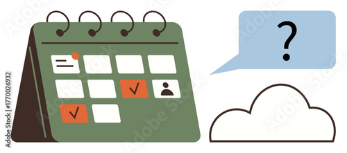 Calendar with marked dates, a question speech bubble, and a cloud icon. Ideal for planning, scheduling, reminders, organization, appointments productivity decision-making. Simple flat metaphor