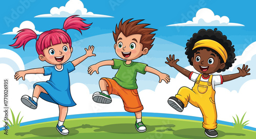 Three happy diverse cartoon children dancing and playing together outdoors on a grassy hill.