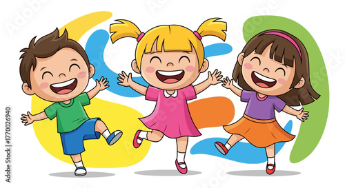Three happy cartoon children, a boy and two girls, laughing and dancing together joyfully against a colorful abstract background.