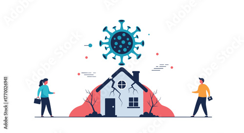 Impact of coronavirus pandemic on housing, real estate, and financial stability, showing a damaged home and concerned individuals.