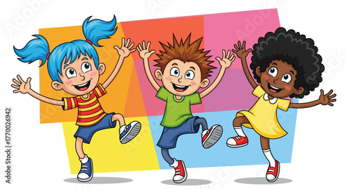 Three happy and diverse cartoon children jumping and celebrating together with joy against a colorful background.