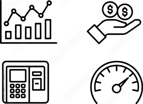 Four financial icons set business growth analysis money atm machine speedometer line art vector