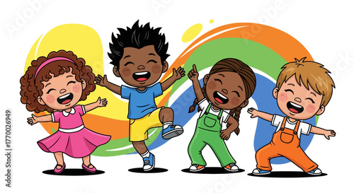 Joyful illustration of multicultural kids laughing and dancing with a colorful rainbow background.